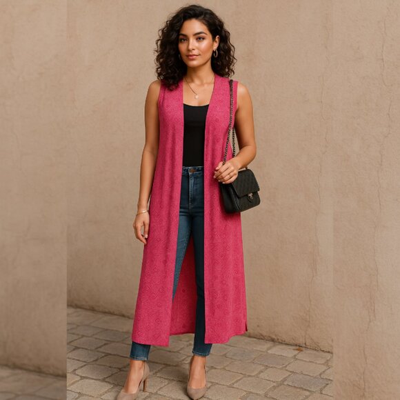 Duster Vest Small Pink Boho Festival Layering Piece Lightweight Tribal Print - Picture 1 of 6